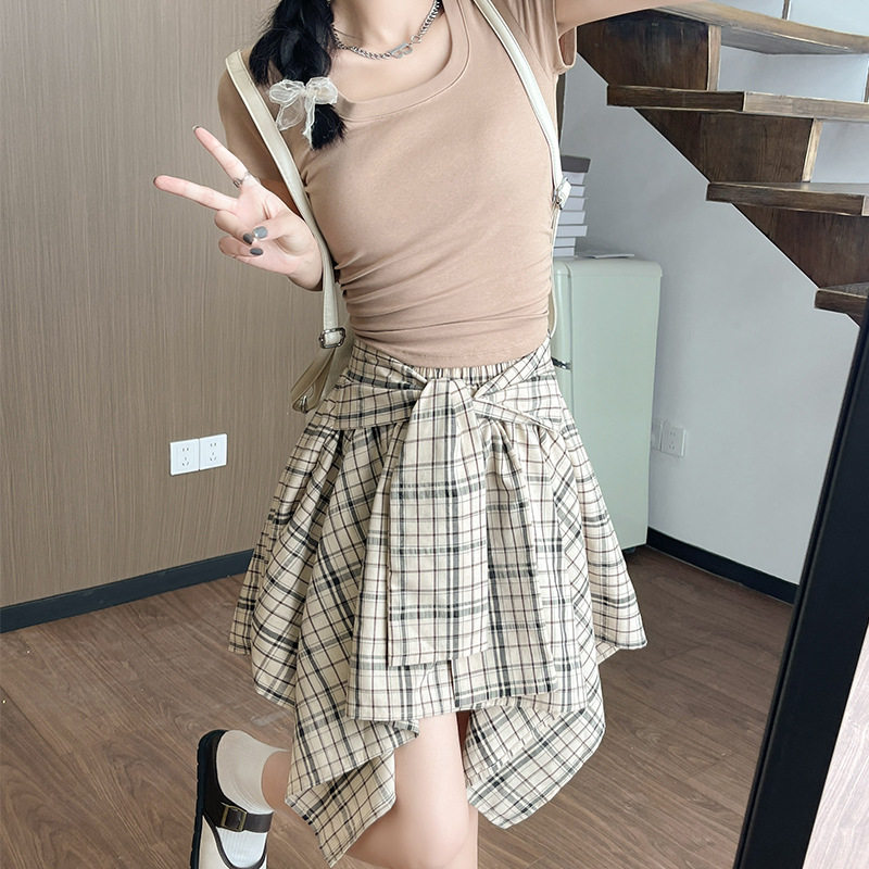 不规则格子半身裙女装夏季新款防走光复古包臀裙a字显瘦衬衫短裙
