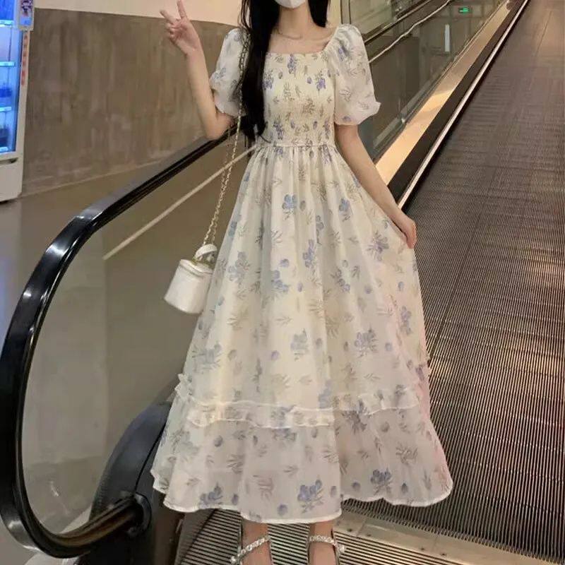 大码胖mm甜美温柔法式收腰雪纺碎花连衣裙女桔梗仙女蓬蓬中长裙子