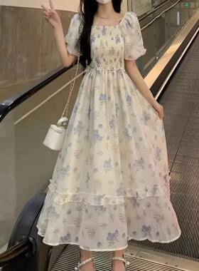 大码胖mm甜美温柔法式收腰雪纺碎花连衣裙女桔梗仙女蓬蓬中长裙子