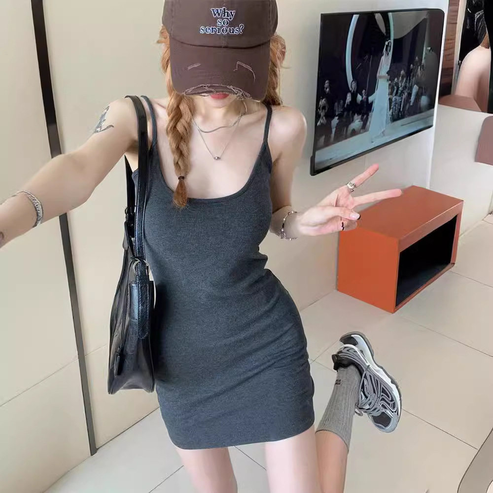 灰色吊带裙紧身连衣裙女装辣妹显瘦包臀裙夏季长裙小个子短裙裙子