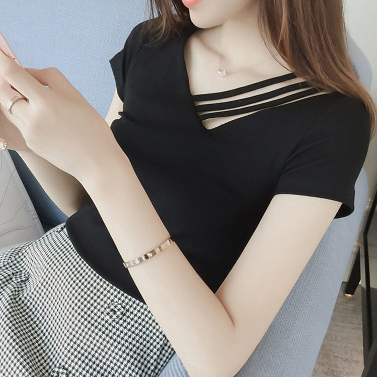 短袖t恤女夏季韩版新款女式ins学生V领上衣女装