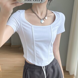 95棉5氨纶短袖鱼骨t恤女夏甜辣妹不规则方领短款上衣设计感小众