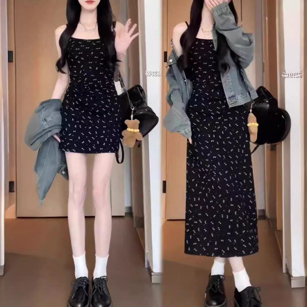 法式黑色碎花吊带连衣裙子女夏季新款小个子甜美修身显瘦短裙