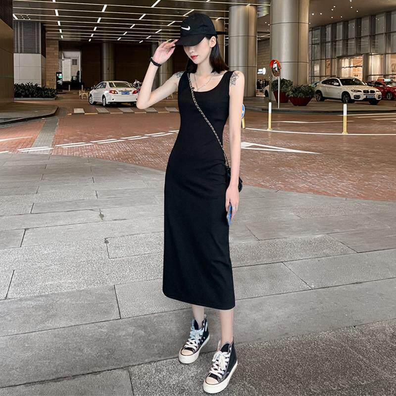 黑色吊带连衣裙女春夏新款打底裙大码修身显瘦无袖背心裙长款