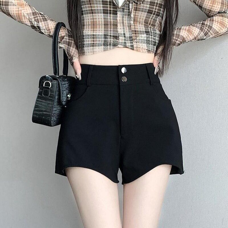黑色西装短裤女夏季薄款高腰弹力包臀打底裤小个子外穿口袋热裤