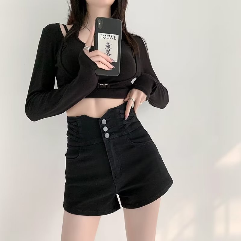 黑色高腰牛仔短裤女秋季新款设计感a字短裤子薄款辣妹热裤