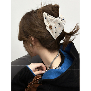 NINE九 韩国复古波点抓夹甜美少女百搭盘发鲨鱼夹三角布艺发抓