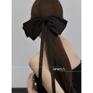 NINE九 发夹潮 高级感黑色蝴蝶结弹簧夹钢夹大号缎面一字夹网红款
