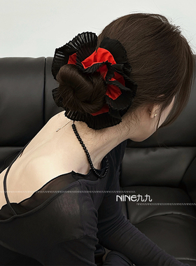 NINE九丨双层风琴褶皱红色发绳气质缎面高级感扎头发发圈新年头饰