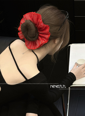 NINE九丨法式红色红色条纹发圈大肠韩系扎头发丸子头头绳显白发饰