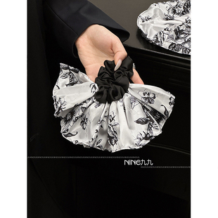 NINE九 复古缎面水墨画大肠发圈女头绳丸子头发饰女 高级感新中式