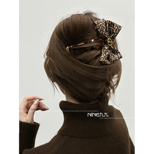 NINE九 豹纹蝴蝶结懒人夹温柔气质小众高级感后脑勺盘发发夹女潮