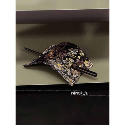 NINE九丨锦缎发钗刺绣花纹双叉簪子暗黑复古风汉服新中式头饰品颈