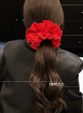 NINE九丨韩系红色蕾丝碎花大肠发圈女高级感绝美头饰扎头发