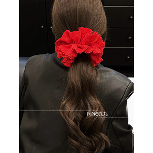 NINE九 韩系红色蕾丝碎花大肠发圈女高级感绝美头饰扎头发