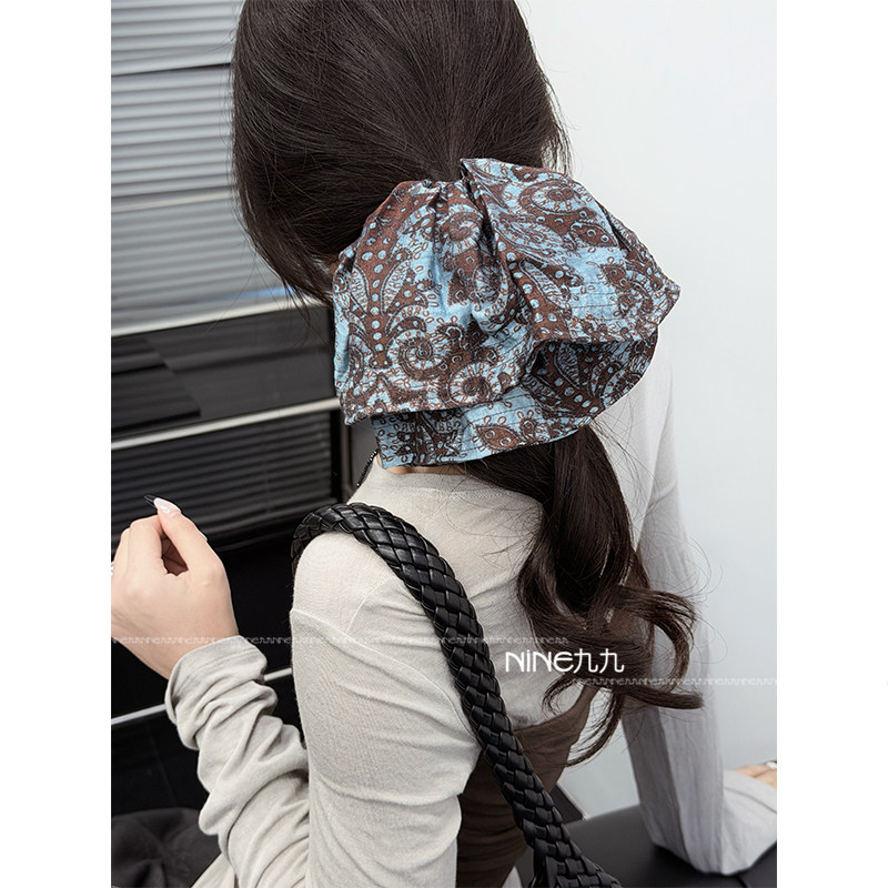 NINE九丨韩版复古腰果花发圈印花头饰大饼圈新中式印花图案方巾女