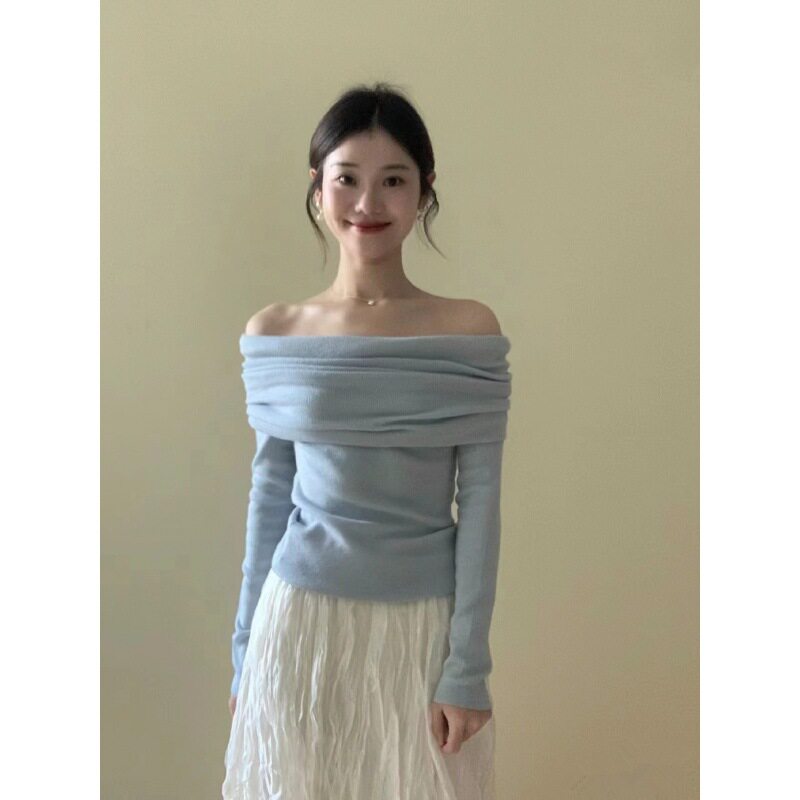 法式一字肩针织衫女设计感半身裙两件套装独特超好看韩系连衣裙子
