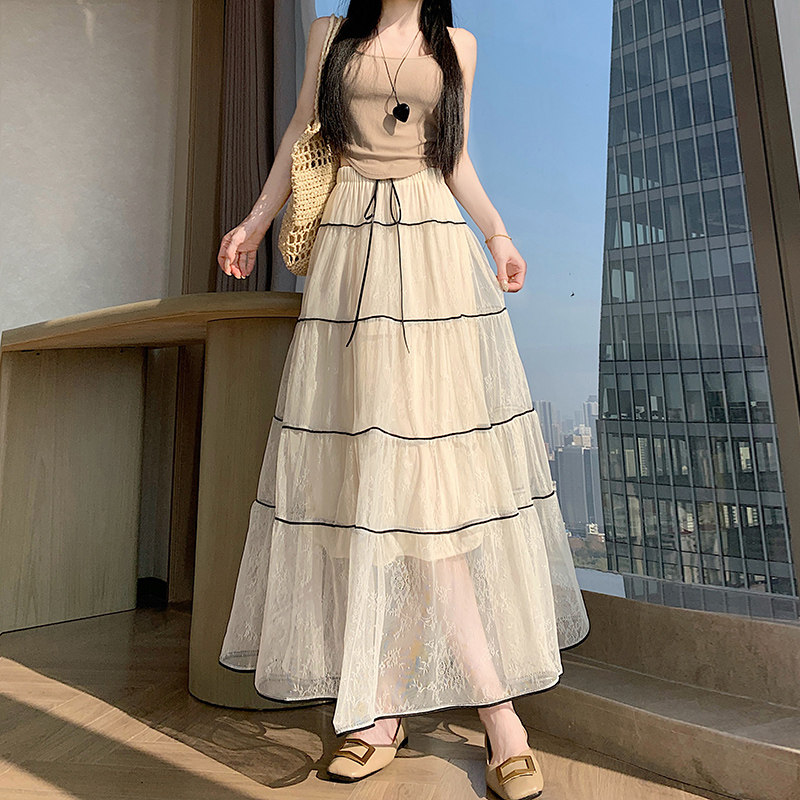 尚构2026新款女生超长版蕾丝压褶重工半身裙女春夏大摆A字长裙