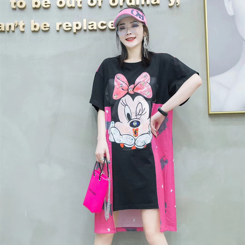 2020夏季大码女装新款拼接速干网眼连衣裙韩版胖mm不等式洋气女裙