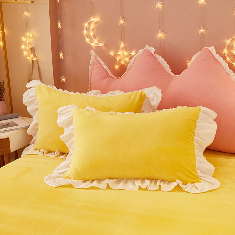 冬季荷叶花边加厚保暖法兰绒枕头套一对装双面加绒枕芯套单人枕套