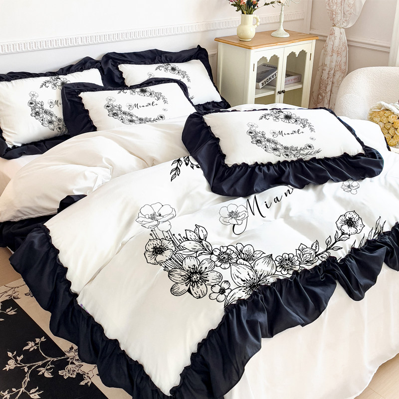 床上用品水墨花黑白素锦文艺磨毛四件套被套床单床笠黑色花边加厚