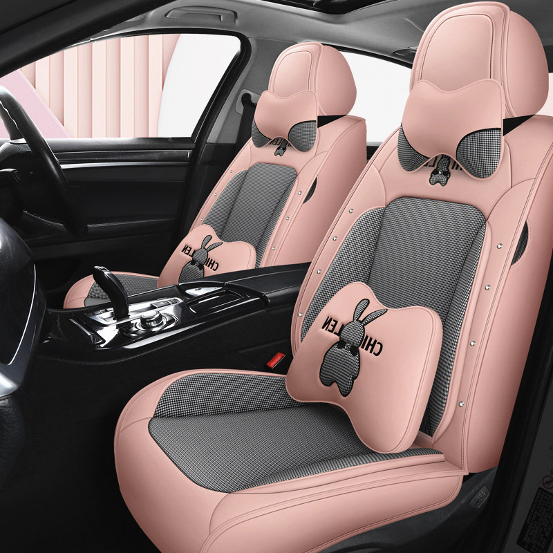 汽车坐垫女士亚麻全包时尚千鸟格座椅套卡通四季通用女神座套车垫