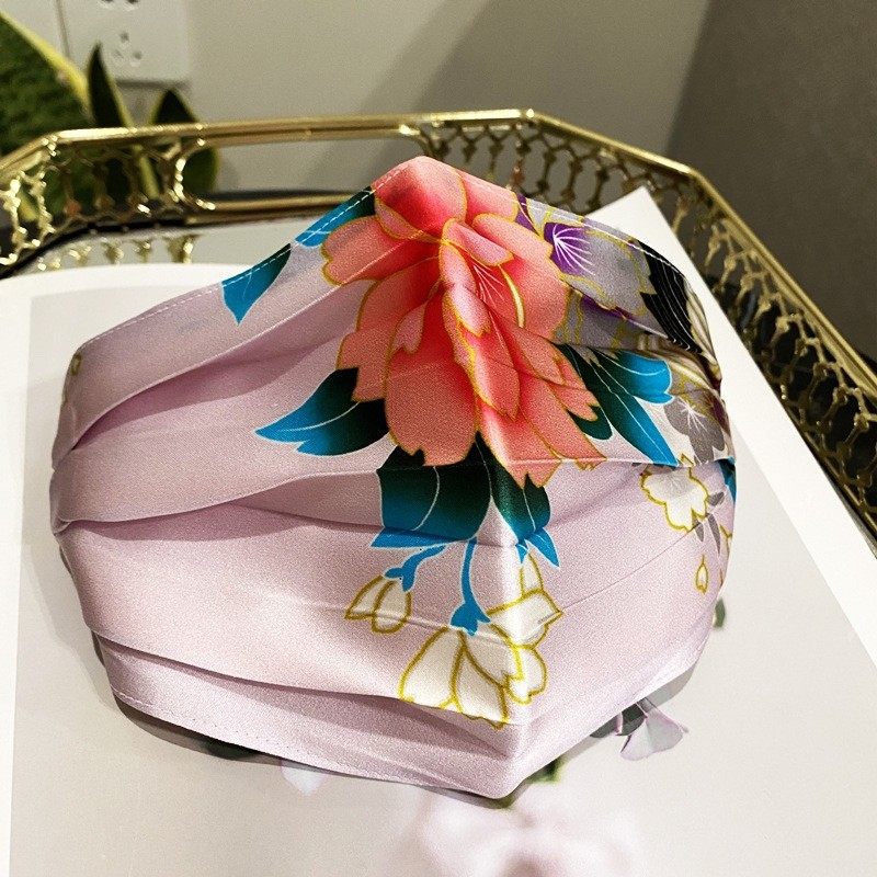 100%桑蚕丝口罩双层牡丹印花口罩素皱段夏季防晒亲肤透气男女加大