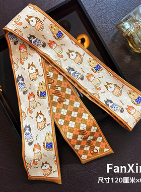 繁星原创设计新款卡通小猫丝巾日系格子蝴蝶结发带领巾绑包扎发女