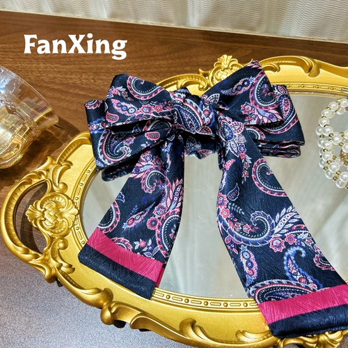 繁星原创新款撞色腰果花丝巾时尚高级感衬衫领巾飘带绑包扎发装饰