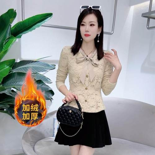 加绒加厚2024秋冬新款蝴蝶结蕾丝拼接打底衫洋气百搭减龄打底上衣