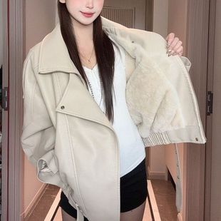 加绒加厚秋冬新款 风宽松机车服 皮衣外套女港风辣妹百搭皮夹克韩版