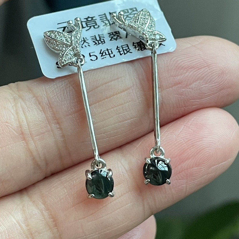 缅甸天然翡翠A货老蓝水玉石戒面镶纯S925银耳环耳吊百搭蝴蝶 耳饰