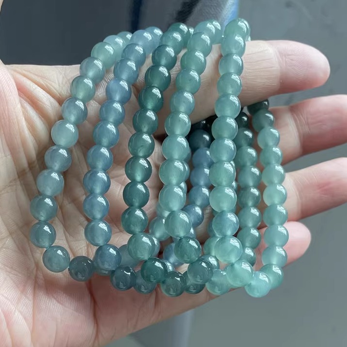 天然翡翠A货冰蓝绿圆珠手串手链