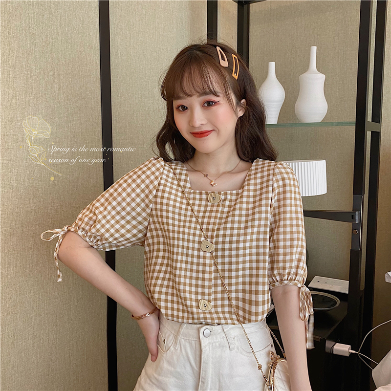 Real price - summer new versatile student sweet square neck Plaid lace up bow tie short sleeve shirt