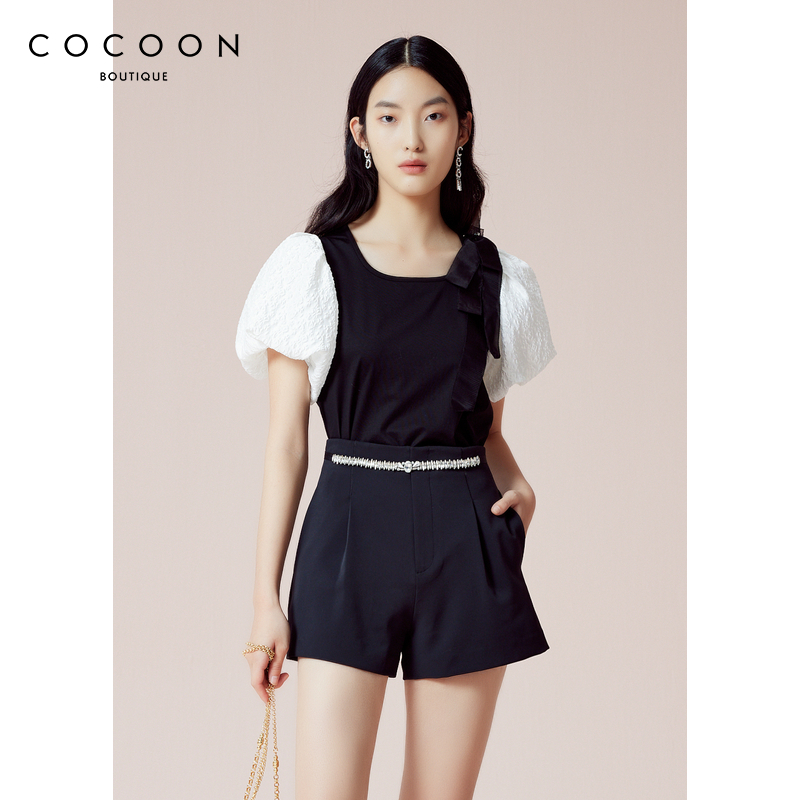 COCOON商场同款2024夏季法式方领撞色拼接雪纺泡泡袖针织上衣女