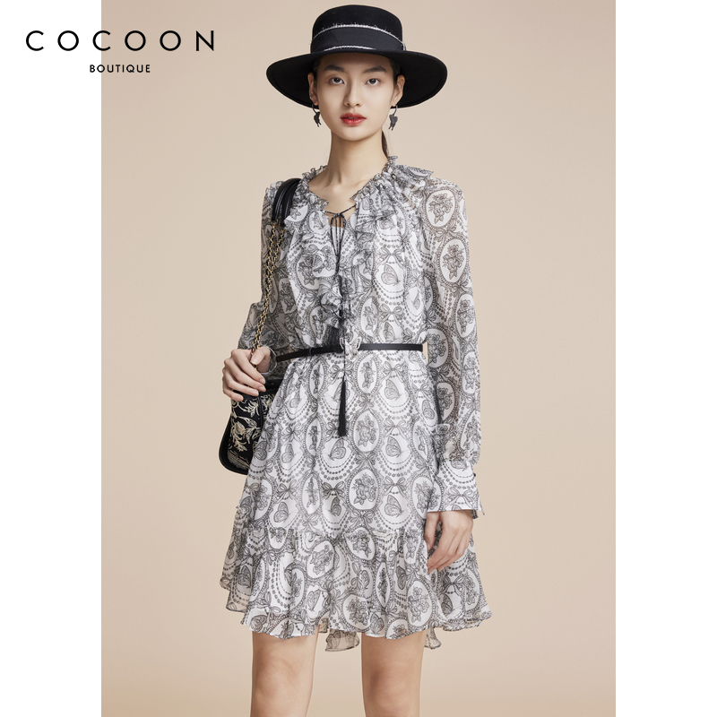 100%桑蚕丝 商场同款 可可尼COCOON秋冬新款裙子浪漫碎花连衣裙女