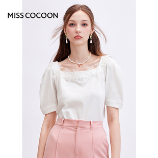 一字领立体蕾丝花朵针织T恤 女装 新款 missCOCOON温柔上衣2023夏装