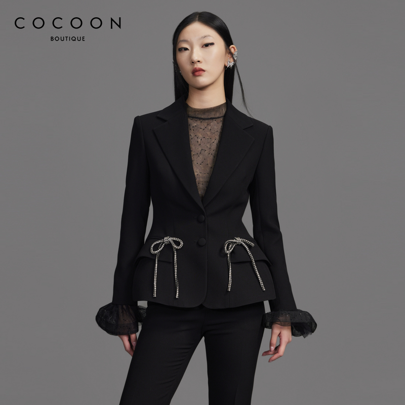 可可尼COCOON商场同款上衣2024秋冬新款黑色网纱拼接气质上衣