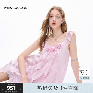 粉立體花朵醋酸雪紡衫 MISSCOCOON可可尼小飛袖 上衣女2025夏季 新款