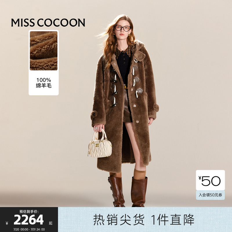 100%绵羊毛 可可尼COCOON皮草女2024冬季新款长款大衣