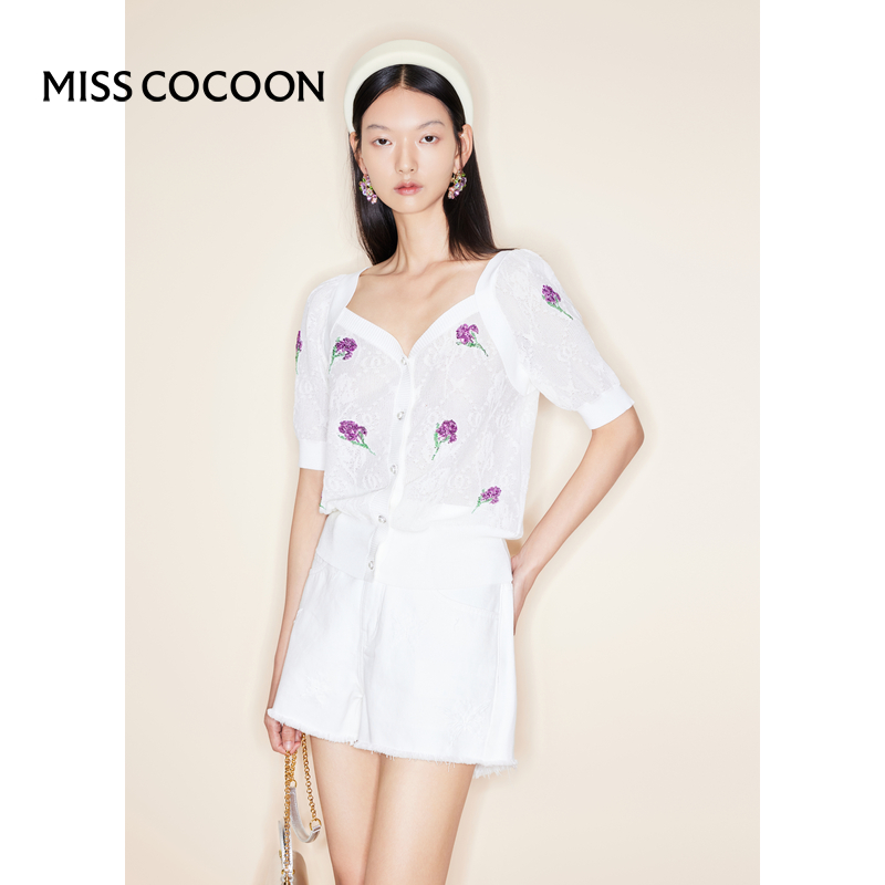 COCOON商场同款2024夏装时髦方领泡泡袖刺绣珠片针织上衣女