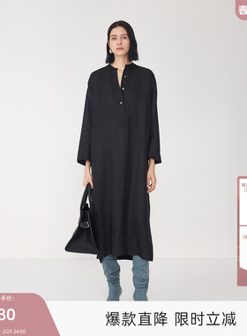 MISSCOCOON可可尼C3系列黑色悬垂桑蚕丝松弛廓形R0W风长袖连衣裙