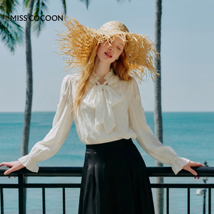 白色蝴蝶结设计雪纺衫 新款 女2026春季 MISSCOCOON可可尼宽松蕾丝衫