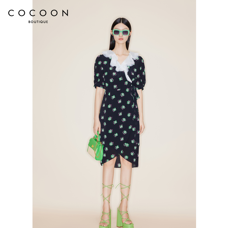 COCOON商场同款v领连衣裙女2023夏季新款V领碎花裙23206AF022094