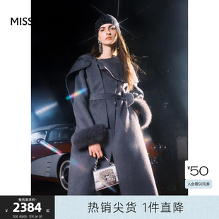 新款 可可尼COCOON2024冬季 羊毛双面呢灰色大衣围脖披肩毛呢外套女