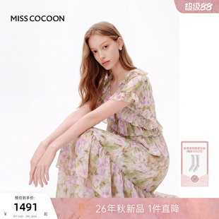 MISSCOCOON可可尼小飞袖系带裙子女2026早秋新款荷叶边V领连衣裙