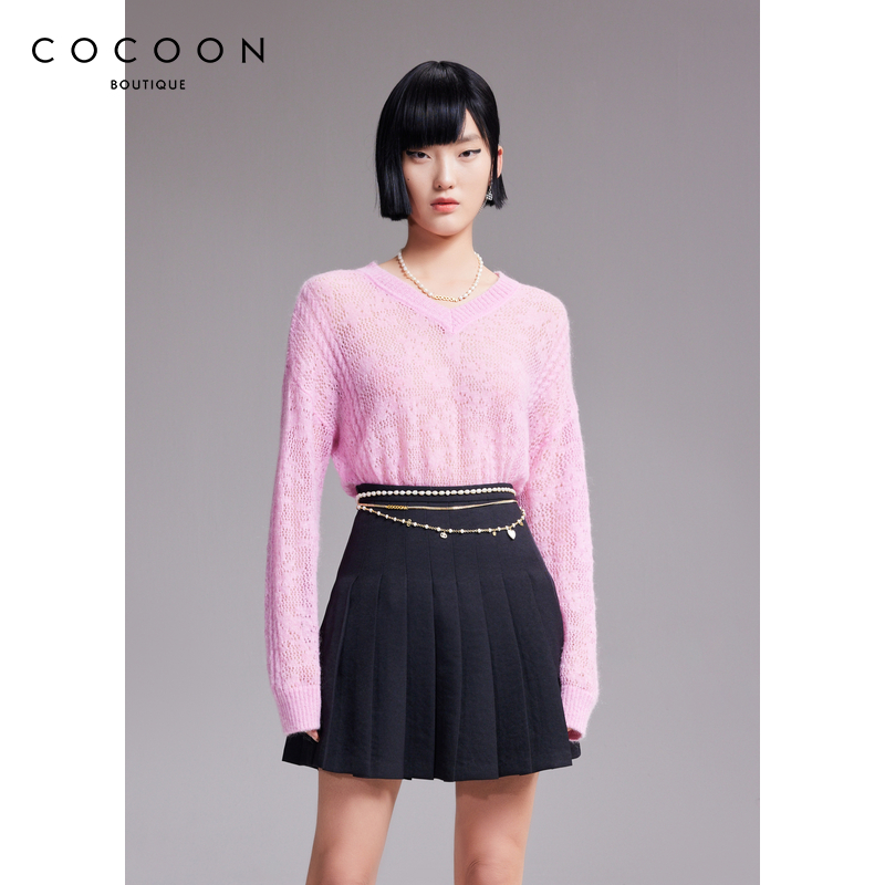 可可尼COCOON商场同款2024秋新款V领设计柔和亲肤马海毛针织衫女