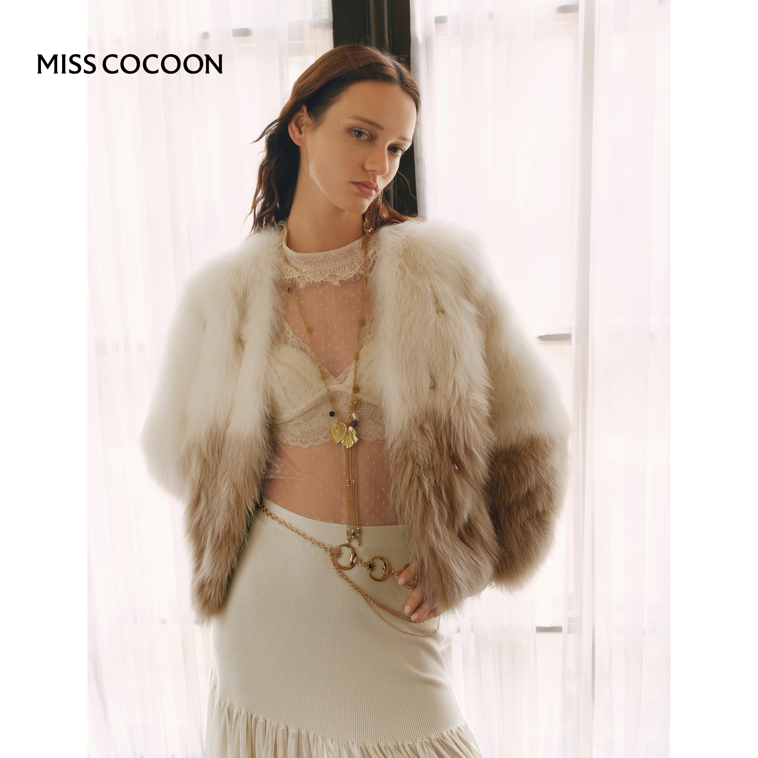 MISSCOCOON可可尼渐变色外套女2025秋冬新款高级感短款狐狸毛皮草