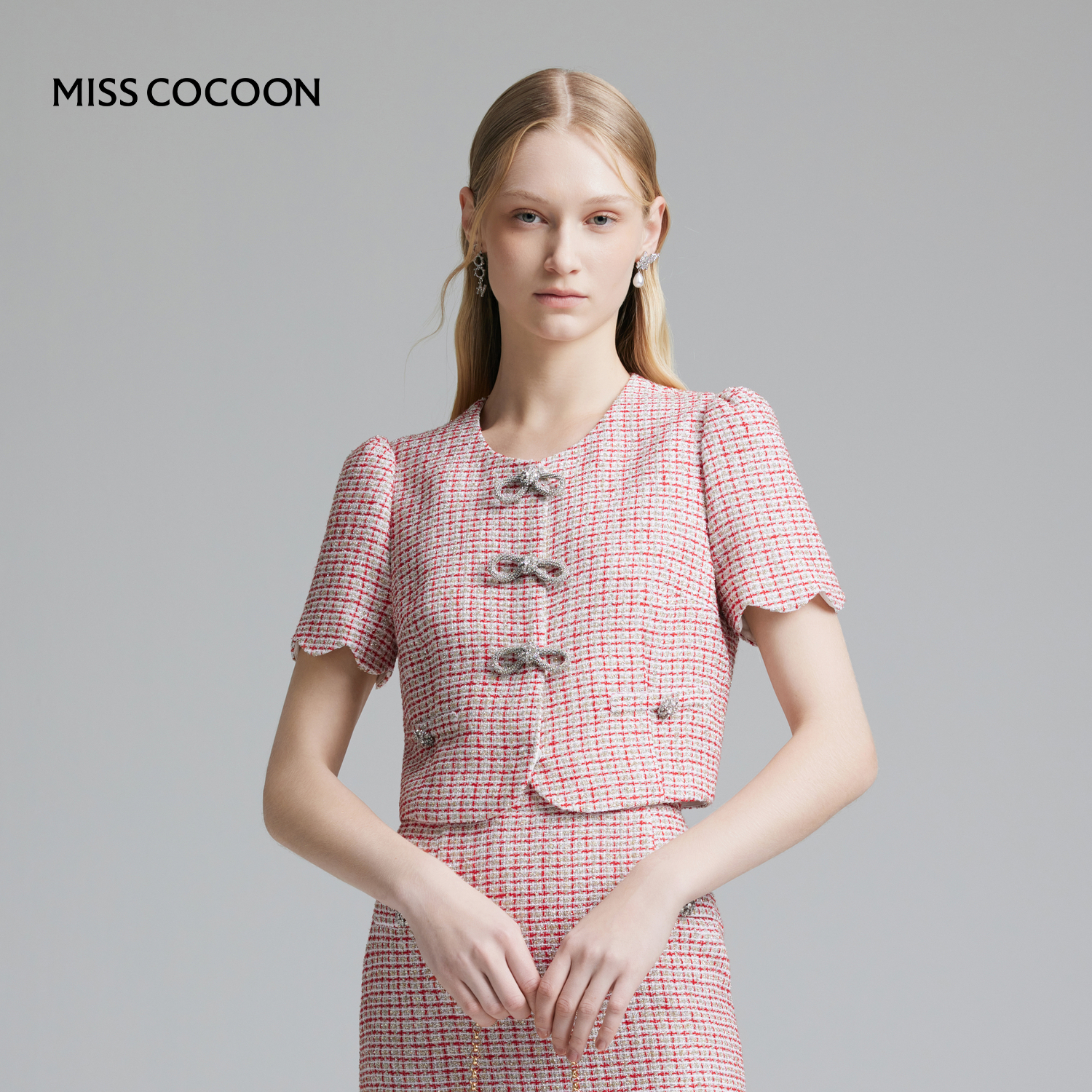 COCOON可可尼 商场同款手工钻链蝴蝶结装饰粗花呢外套上衣女