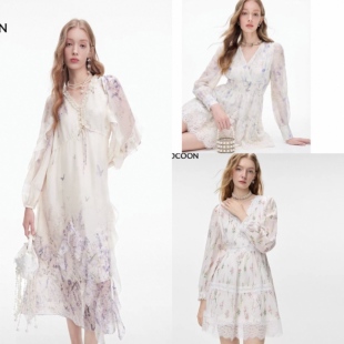 【七七酱专享】MISSCOCOON长袖印花裙子荷叶边宽松V领连衣裙